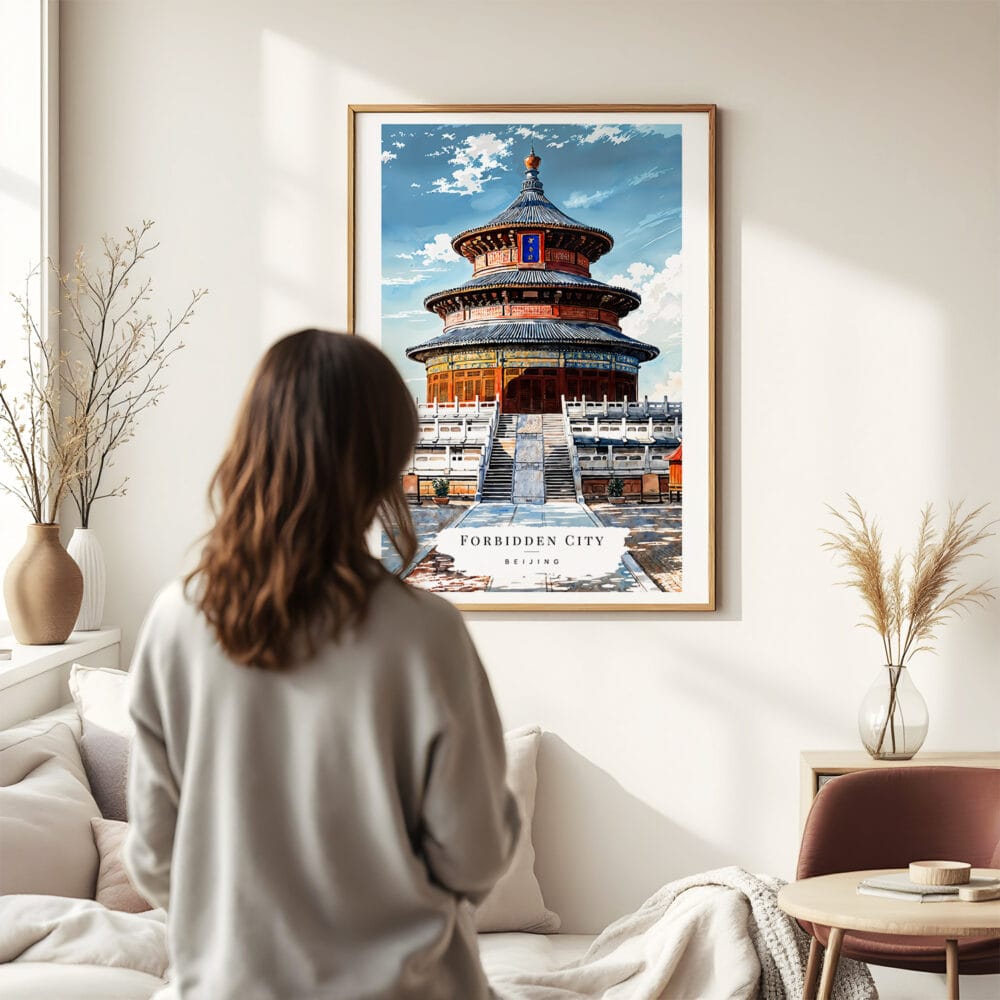 03 - Framed Beijing Forbidden City Watercolor Wall Art - In Living Room with Woman Looking at it - Portrait.jpg 03 - Framed Beijing Forbidden City Watercolor Wall Art - In Living Room with Woman Looking at it - Portrait.jpg