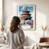 03 - Framed Beijing Forbidden City Watercolor Wall Art - In Living Room with Woman Looking at it - Portrait.jpg