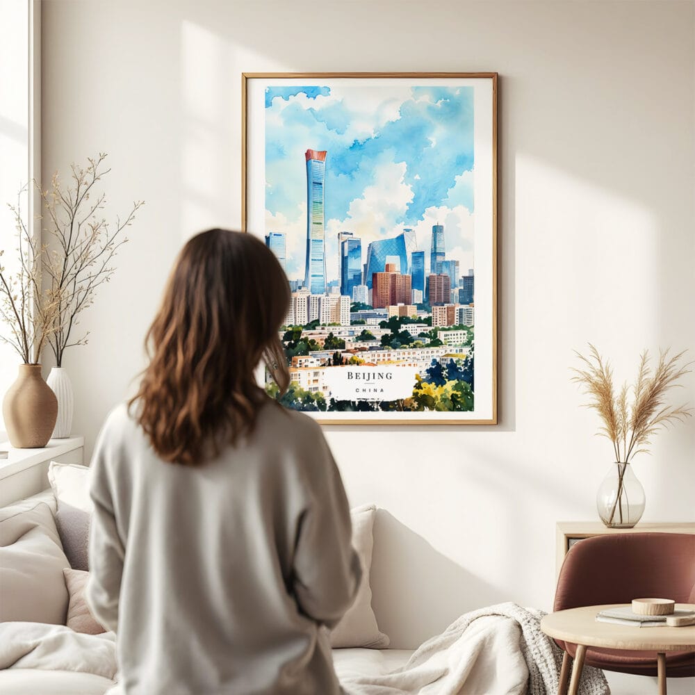 03 - Framed Beijing Skyline Watercolor Wall Art - In Living Room with Woman Looking at it - Portrait.jpg 03 - Framed Beijing Skyline Watercolor Wall Art - In Living Room with Woman Looking at it - Portrait.jpg