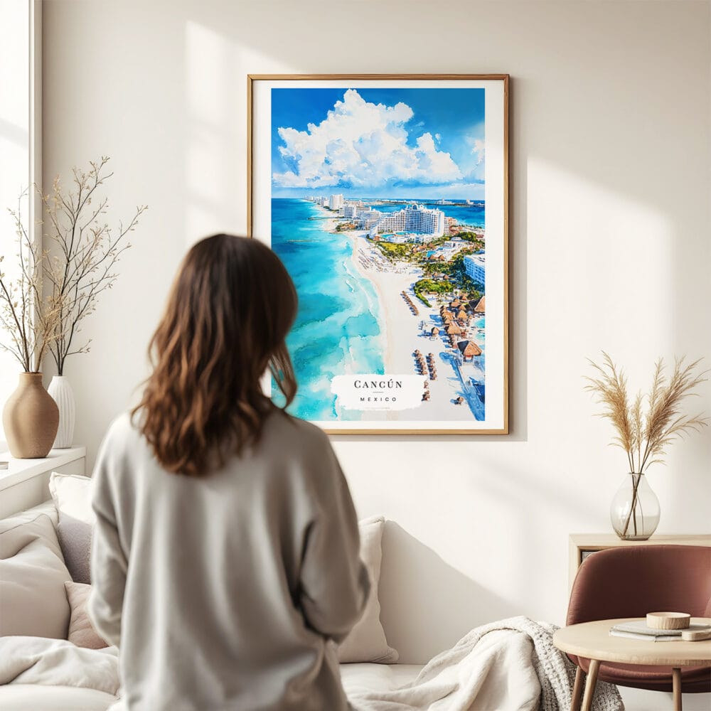 03 - Framed Cancun Mexico Watercolor Wall Art - In Living Room with Woman Looking at it - Portrait.jpg 03 - Framed Cancun Mexico Watercolor Wall Art - In Living Room with Woman Looking at it - Portrait.jpg