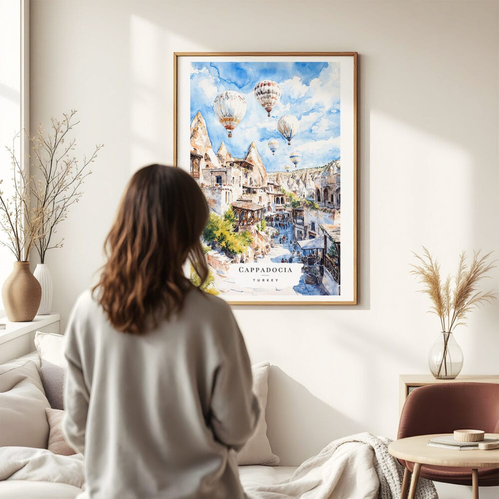 03 - Framed Cappadocia Turkey Watercolor Wall Art - In Living Room with Woman Looking at it - Portrait.jpg 03 - Framed Cappadocia Turkey Watercolor Wall Art - In Living Room with Woman Looking at it - Portrait.jpg