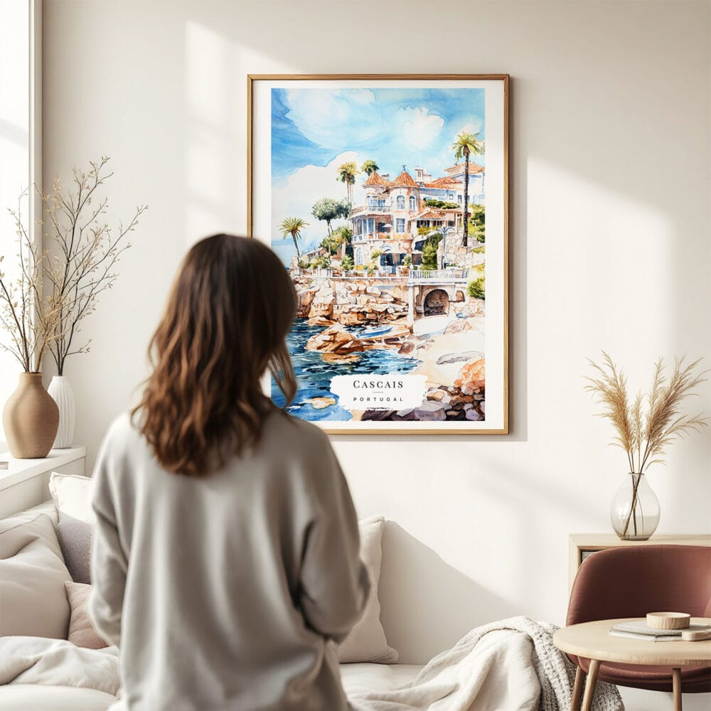 03 - Framed Cascais Portugal Watercolor Wall Art - In Living Room with Woman Looking at it - Portrait.jpg 03 - Framed Cascais Portugal Watercolor Wall Art - In Living Room with Woman Looking at it - Portrait.jpg