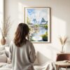 03 - Framed Guilin China Watercolor Wall Art - In Living Room with Woman Looking at it - Portrait.jpg