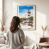 03 - Framed Hilton Head South Carolina Watercolor Wall Art - In Living Room with Woman Looking at it - Portrait.jpg