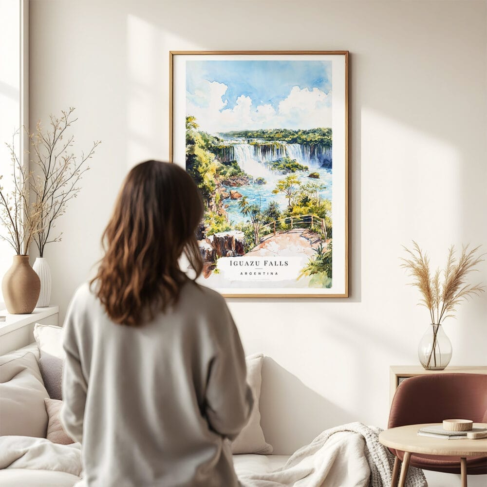 03 - Framed Iguazu Falls Watercolor Wall Art - In Living Room with Woman Looking at it - Portrait.jpg 03 - Framed Iguazu Falls Watercolor Wall Art - In Living Room with Woman Looking at it - Portrait.jpg