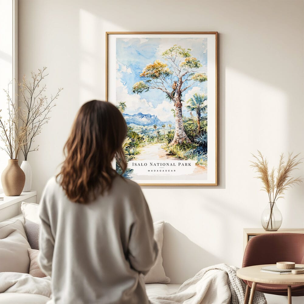 03 - Framed Isalo National Park Watercolor Wall Art - In Living Room with Woman Looking at it - Portrait.jpg 03 - Framed Isalo National Park Watercolor Wall Art - In Living Room with Woman Looking at it - Portrait.jpg
