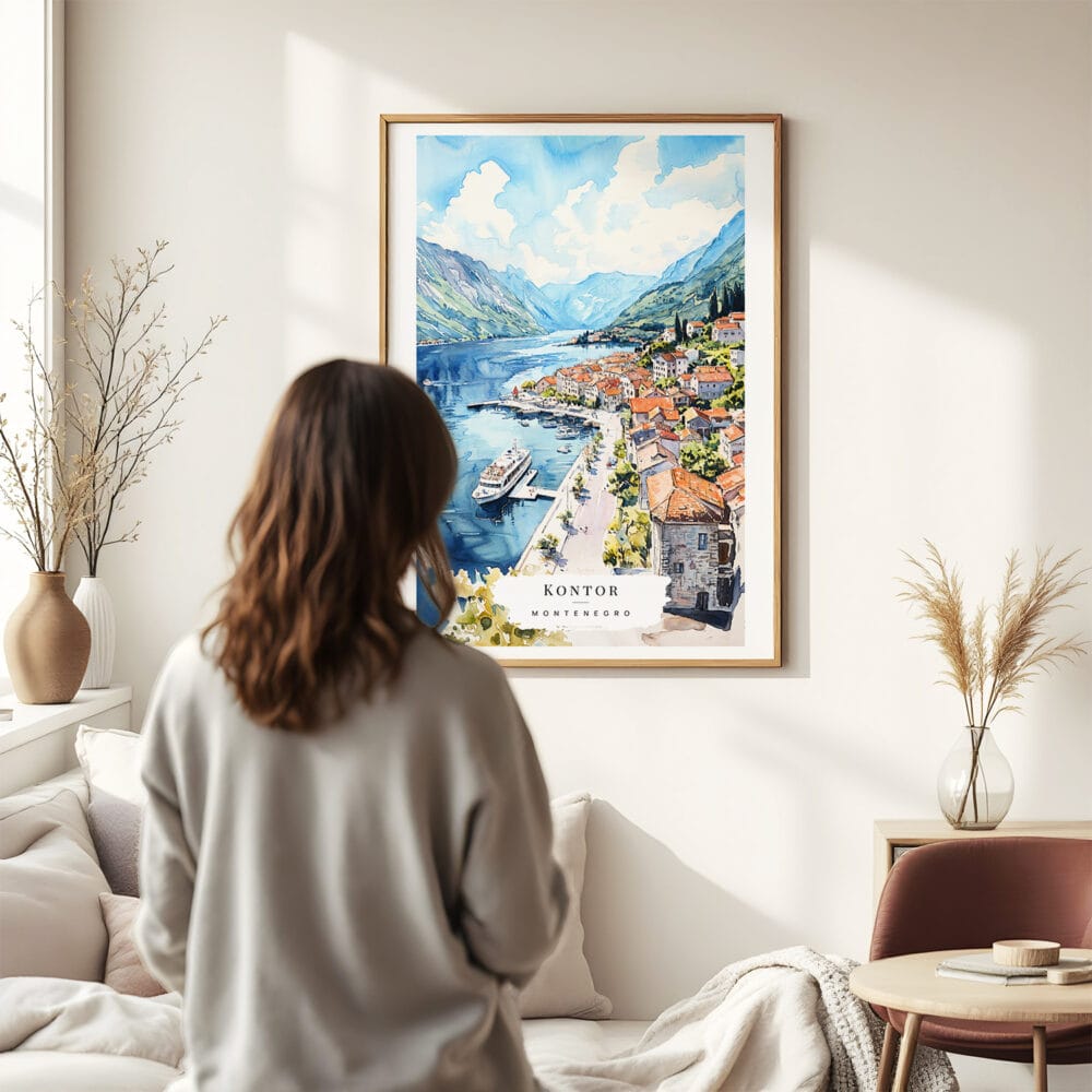 03 - Framed Kontor Montenegro Watercolor Wall Art - In Living Room with Woman Looking at it - Portrait.jpg 03 - Framed Kontor Montenegro Watercolor Wall Art - In Living Room with Woman Looking at it - Portrait.jpg