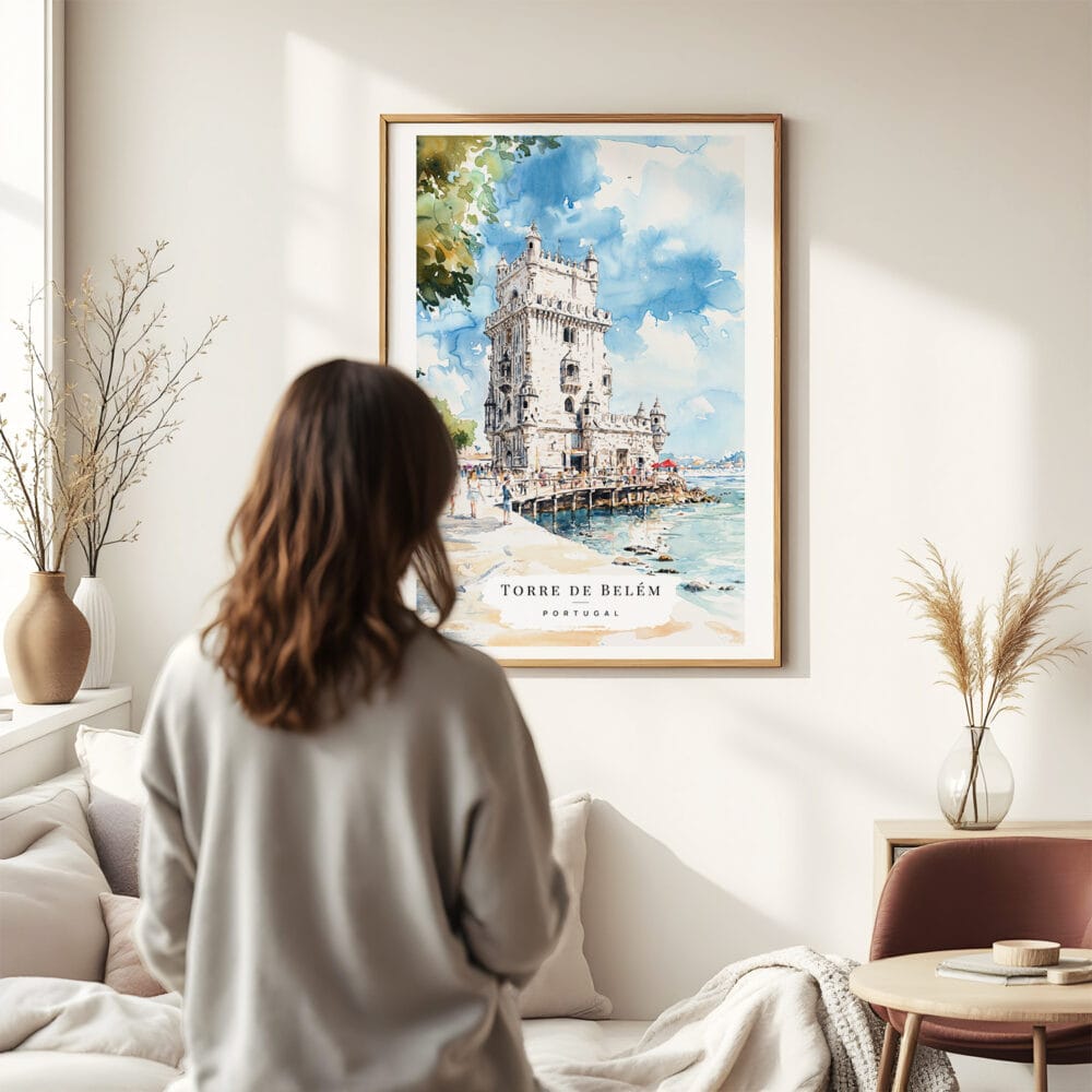03 - Framed Lisboa Torre de Belém Watercolor Wall Art - In Living Room with Woman Looking at it - Portrait.jpg 03 - Framed Lisboa Torre de Belém Watercolor Wall Art - In Living Room with Woman Looking at it - Portrait.jpg