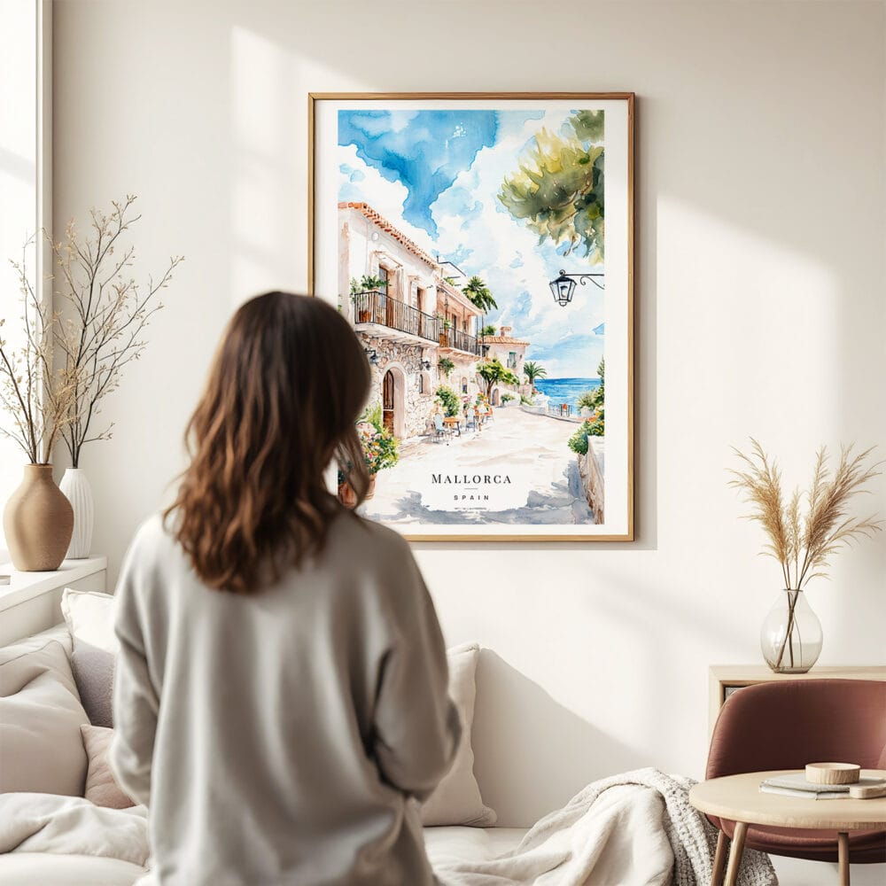 03 - Framed Mallorca Spain Watercolor Wall Art - In Living Room with Woman Looking at it - Portrait.jpg 03 - Framed Mallorca Spain Watercolor Wall Art - In Living Room with Woman Looking at it - Portrait.jpg
