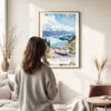 03 - Framed Mount Cook Road NZ Watercolor Wall Art - In Living Room with Woman Looking at it - Portrait.jpg