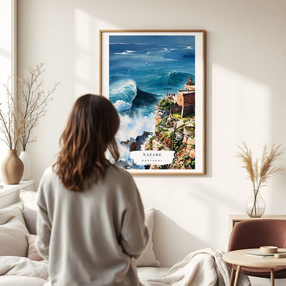 03 - Framed Nazare Portugal Watercolor Wall Art - In Living Room with Woman Looking at it - Portrait.jpg 03 - Framed Nazare Portugal Watercolor Wall Art - In Living Room with Woman Looking at it - Portrait.jpg