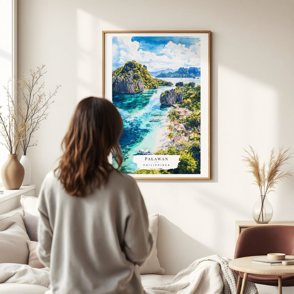 03 - Framed Palawan Philippines Watercolor Wall Art - In Living Room with Woman Looking at it - Portrait.jpg 03 - Framed Palawan Philippines Watercolor Wall Art - In Living Room with Woman Looking at it - Portrait.jpg