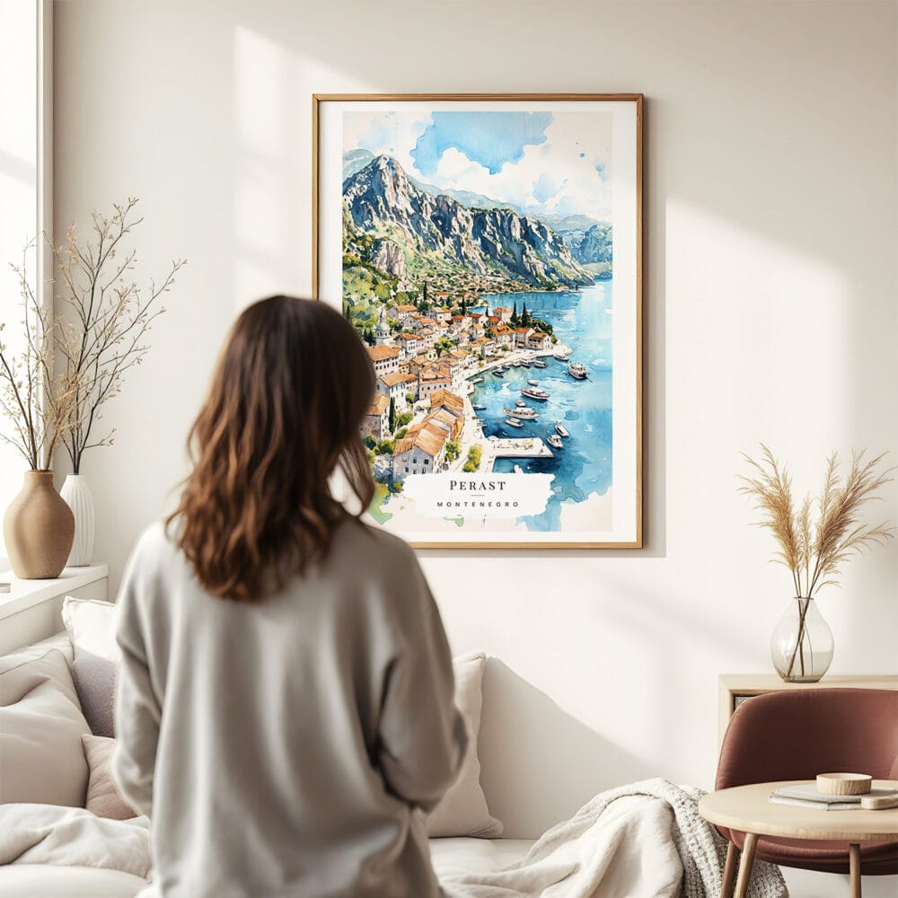 03 - Framed Perast Montenegro Watercolor Wall Art - In Living Room with Woman Looking at it - Portrait.jpg 03 - Framed Perast Montenegro Watercolor Wall Art - In Living Room with Woman Looking at it - Portrait.jpg