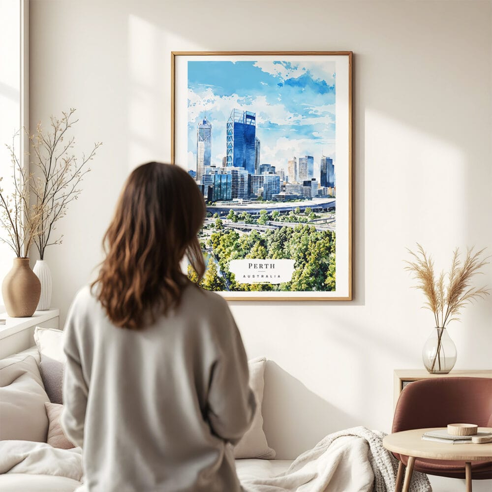 03 - Framed Perth Australia Watercolor Wall Art - In Living Room with Woman Looking at it - Portrait.jpg 03 - Framed Perth Australia Watercolor Wall Art - In Living Room with Woman Looking at it - Portrait.jpg
