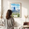 03 - Framed Perth Australia Watercolor Wall Art - In Living Room with Woman Looking at it - Portrait.jpg