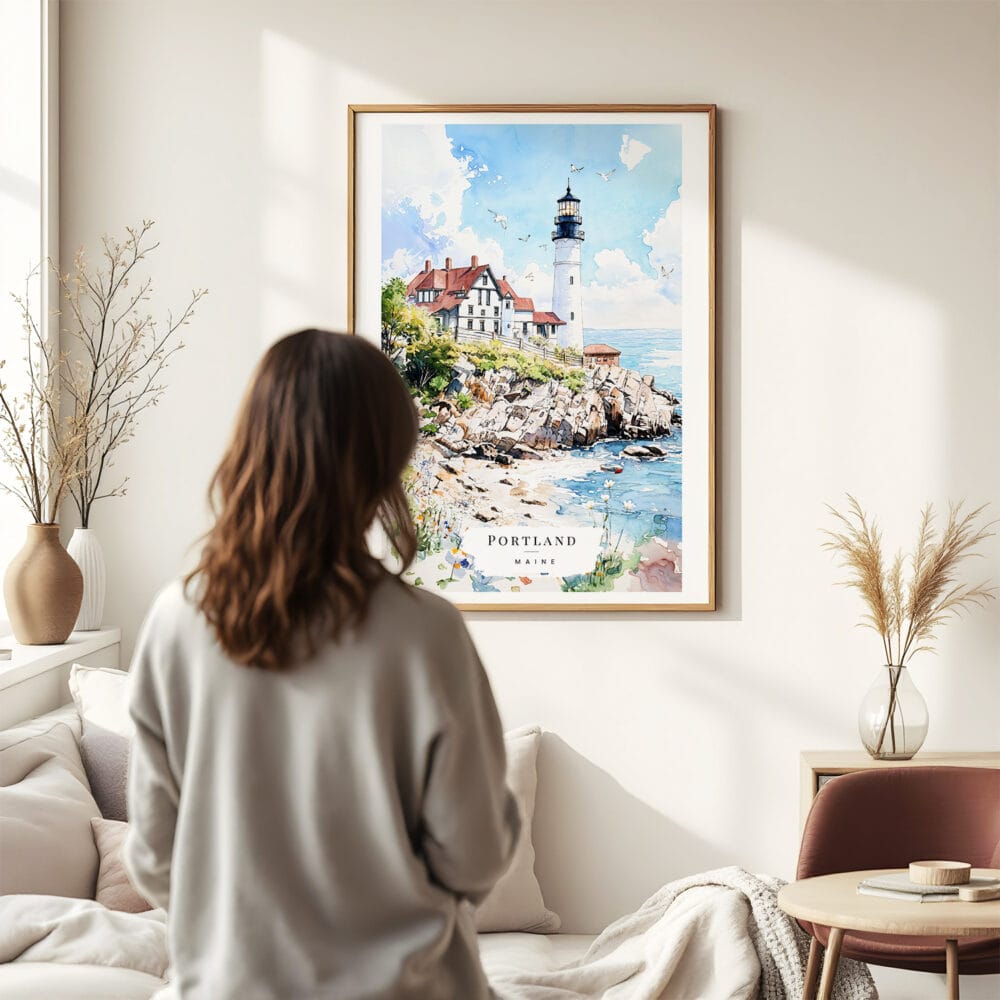 03 - Framed Portland Maine Watercolor Wall Art - In Living Room with Woman Looking at it - Portrait.jpg 03 - Framed Portland Maine Watercolor Wall Art - In Living Room with Woman Looking at it - Portrait.jpg