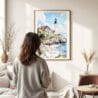 03 - Framed Portland Maine Watercolor Wall Art - In Living Room with Woman Looking at it - Portrait.jpg