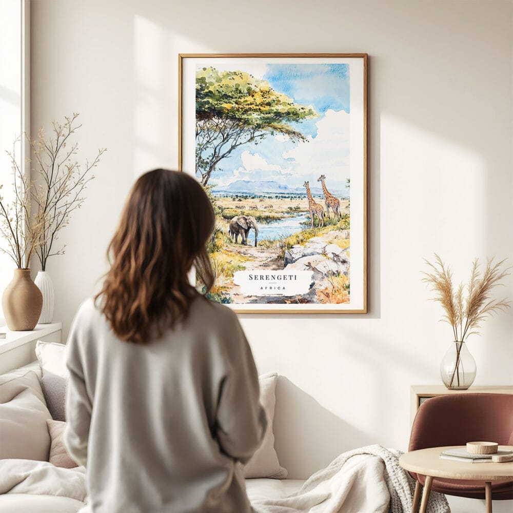 03 - Framed Serengeti Africa Watercolor Wall Art - In Living Room with Woman Looking at it - Portrait.jpg 03 - Framed Serengeti Africa Watercolor Wall Art - In Living Room with Woman Looking at it - Portrait.jpg