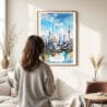 03 - Framed Shanghai China Watercolor Wall Art - In Living Room with Woman Looking at it - Portrait.jpg