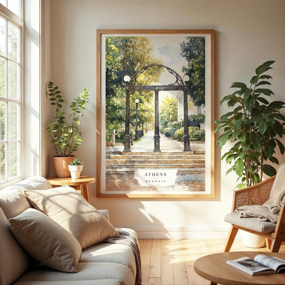 04 - Athens Georgia Arch Watercolor Wall Art in Boho Living Room.jpg 04 - Athens Georgia Arch Watercolor Wall Art in Boho Living Room.jpg