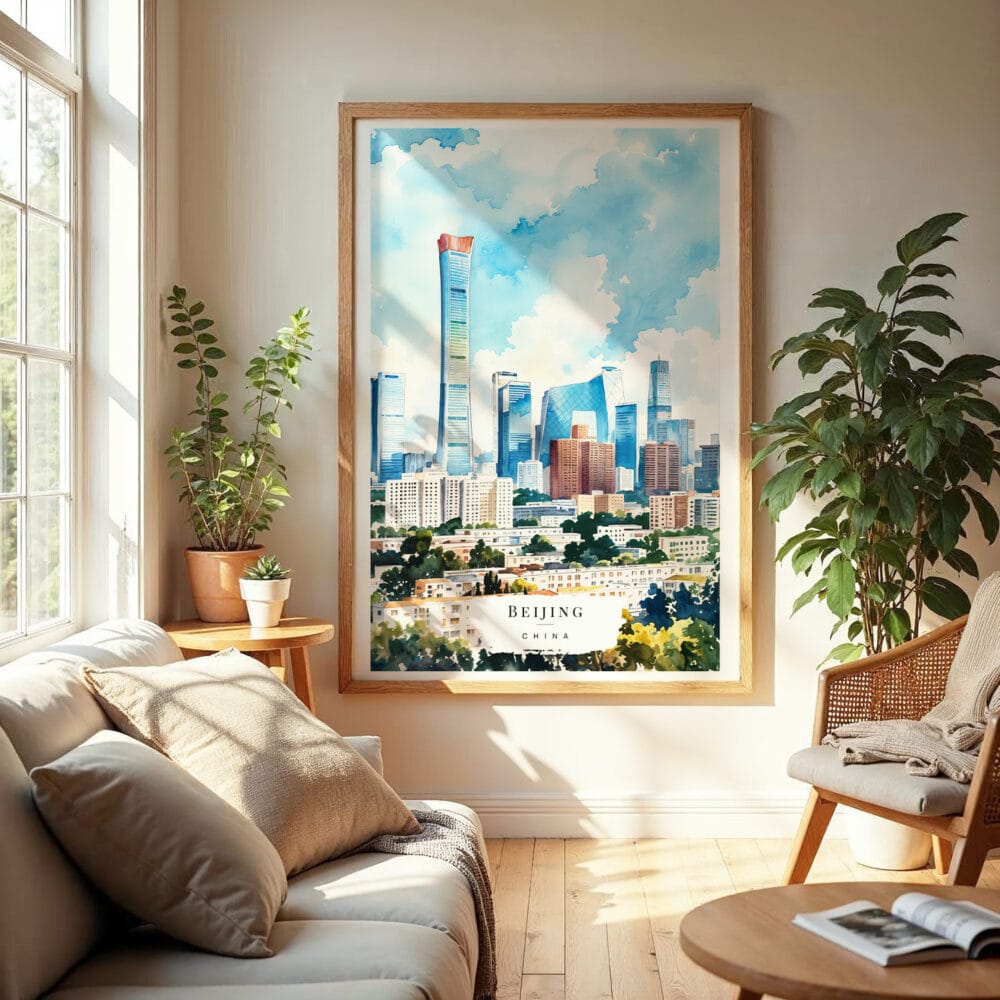 04 - Beijing Skyline Watercolor Wall Art in Boho Living Room.jpg 04 - Beijing Skyline Watercolor Wall Art in Boho Living Room.jpg