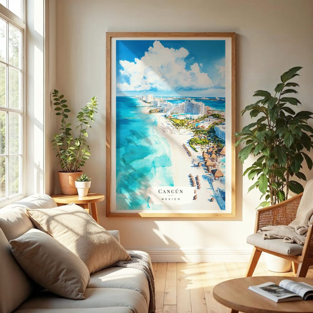 04 - Cancun Mexico Watercolor Wall Art in Boho Living Room.jpg 04 - Cancun Mexico Watercolor Wall Art in Boho Living Room.jpg