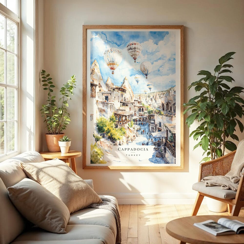 04 - Cappadocia Turkey Watercolor Wall Art in Boho Living Room.jpg 04 - Cappadocia Turkey Watercolor Wall Art in Boho Living Room.jpg