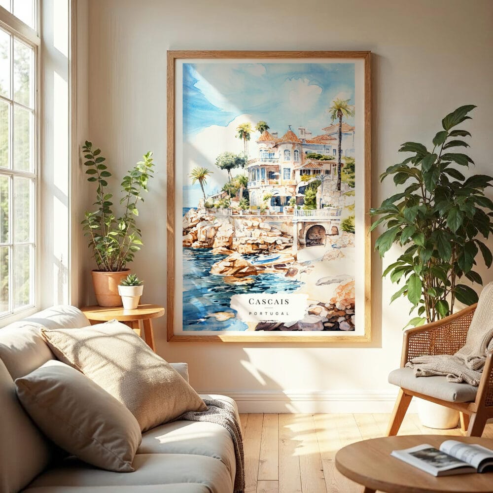 04 - Cascais Portugal Watercolor Wall Art in Boho Living Room.jpg 04 - Cascais Portugal Watercolor Wall Art in Boho Living Room.jpg