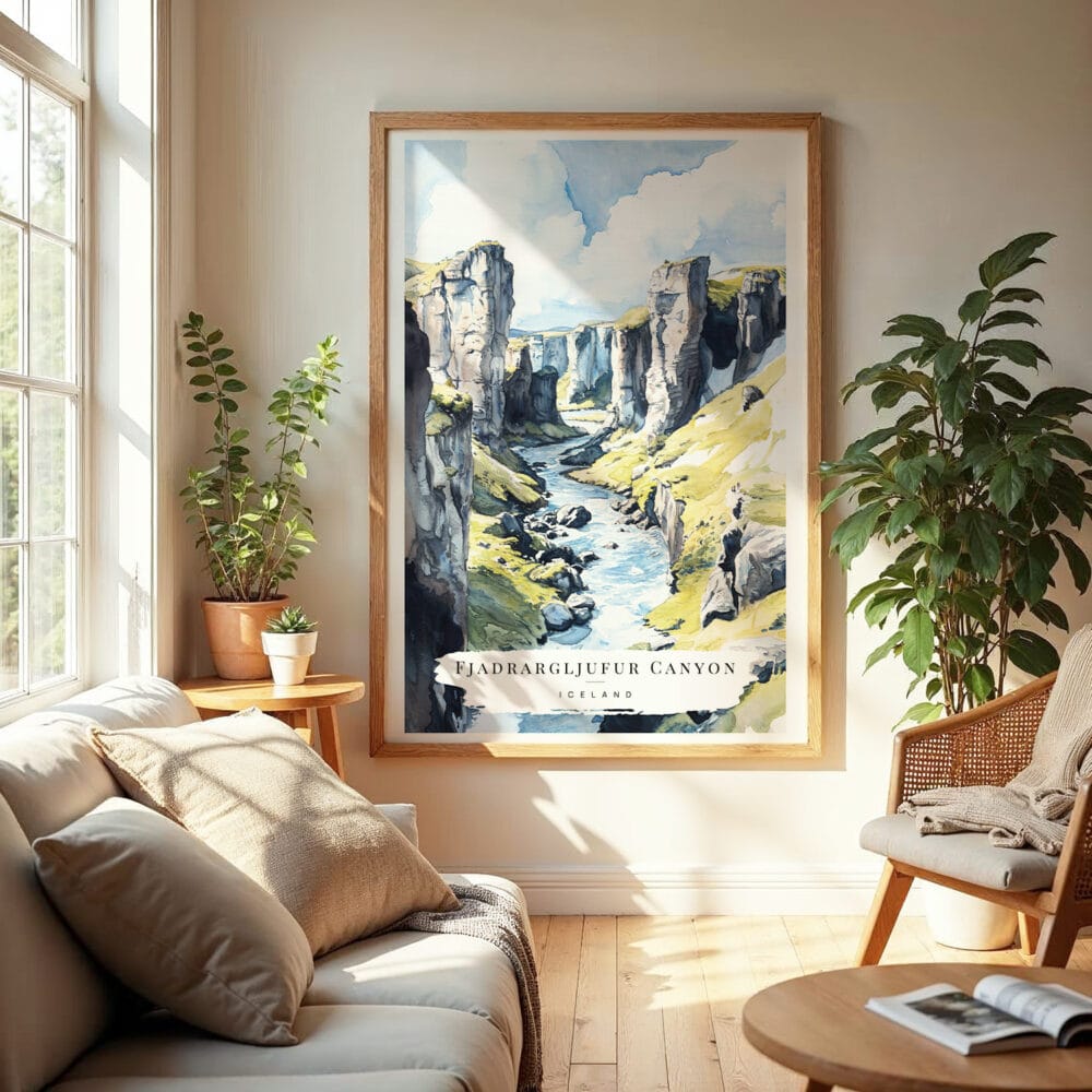 04 - Fjadrargljufur Canyon Watercolor Wall Art in Boho Living Room.jpg 04 - Fjadrargljufur Canyon Watercolor Wall Art in Boho Living Room.jpg