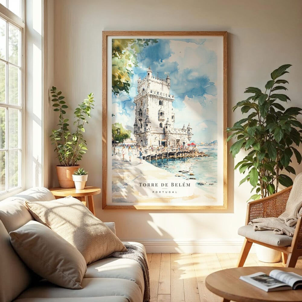 04 - Lisboa Torre de Belém Watercolor Wall Art in Boho Living Room.jpg 04 - Lisboa Torre de Belém Watercolor Wall Art in Boho Living Room.jpg