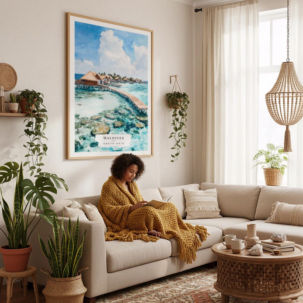 04 - Maldives Watercolor Wall Art in Boho Living Room.jpg 04 - Maldives Watercolor Wall Art in Boho Living Room.jpg