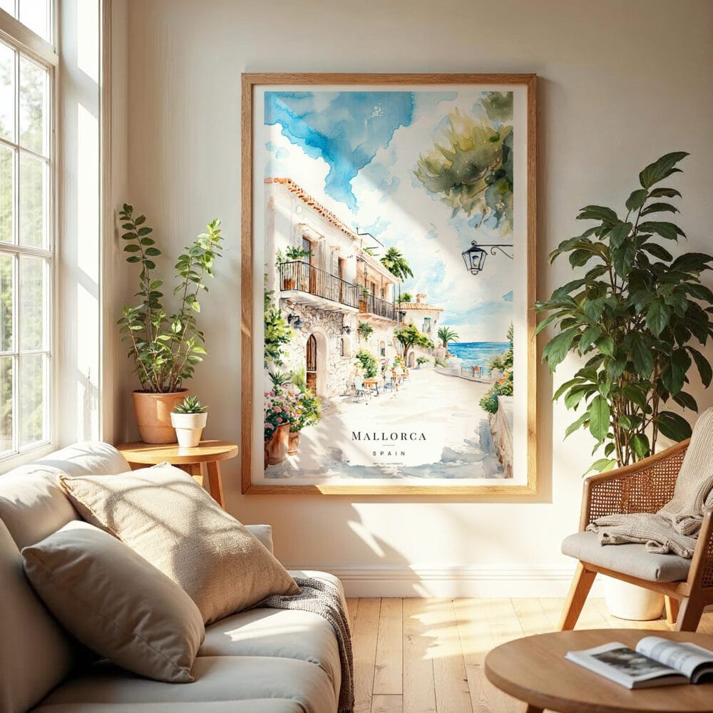 04 - Mallorca Spain Watercolor Wall Art in Boho Living Room.jpg 04 - Mallorca Spain Watercolor Wall Art in Boho Living Room.jpg