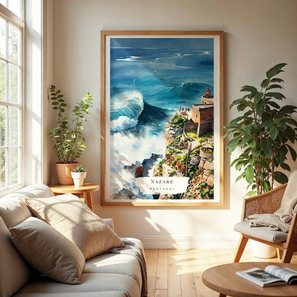 04 - Nazare Portugal Watercolor Wall Art in Boho Living Room.jpg 04 - Nazare Portugal Watercolor Wall Art in Boho Living Room.jpg