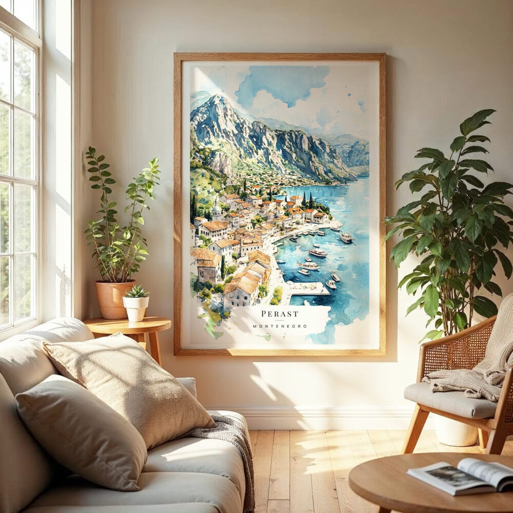 04 - Perast Montenegro Watercolor Wall Art in Boho Living Room.jpg 04 - Perast Montenegro Watercolor Wall Art in Boho Living Room.jpg