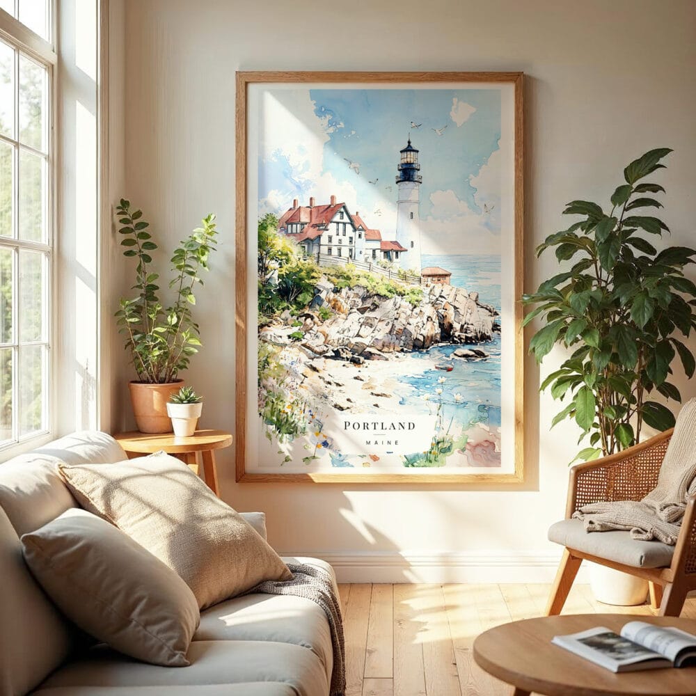 04 - Portland Maine Watercolor Wall Art in Boho Living Room.jpg 04 - Portland Maine Watercolor Wall Art in Boho Living Room.jpg