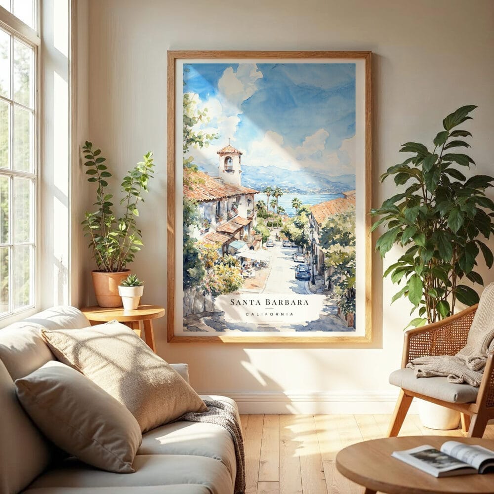 04 - Santa Barbara California Watercolor Wall Art in Boho Living Room.jpg 04 - Santa Barbara California Watercolor Wall Art in Boho Living Room.jpg