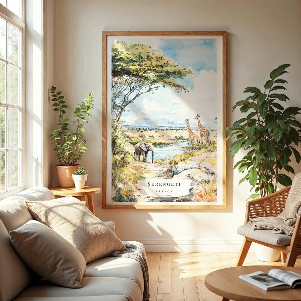 04 - Serengeti Africa Watercolor Wall Art in Boho Living Room.jpg 04 - Serengeti Africa Watercolor Wall Art in Boho Living Room.jpg