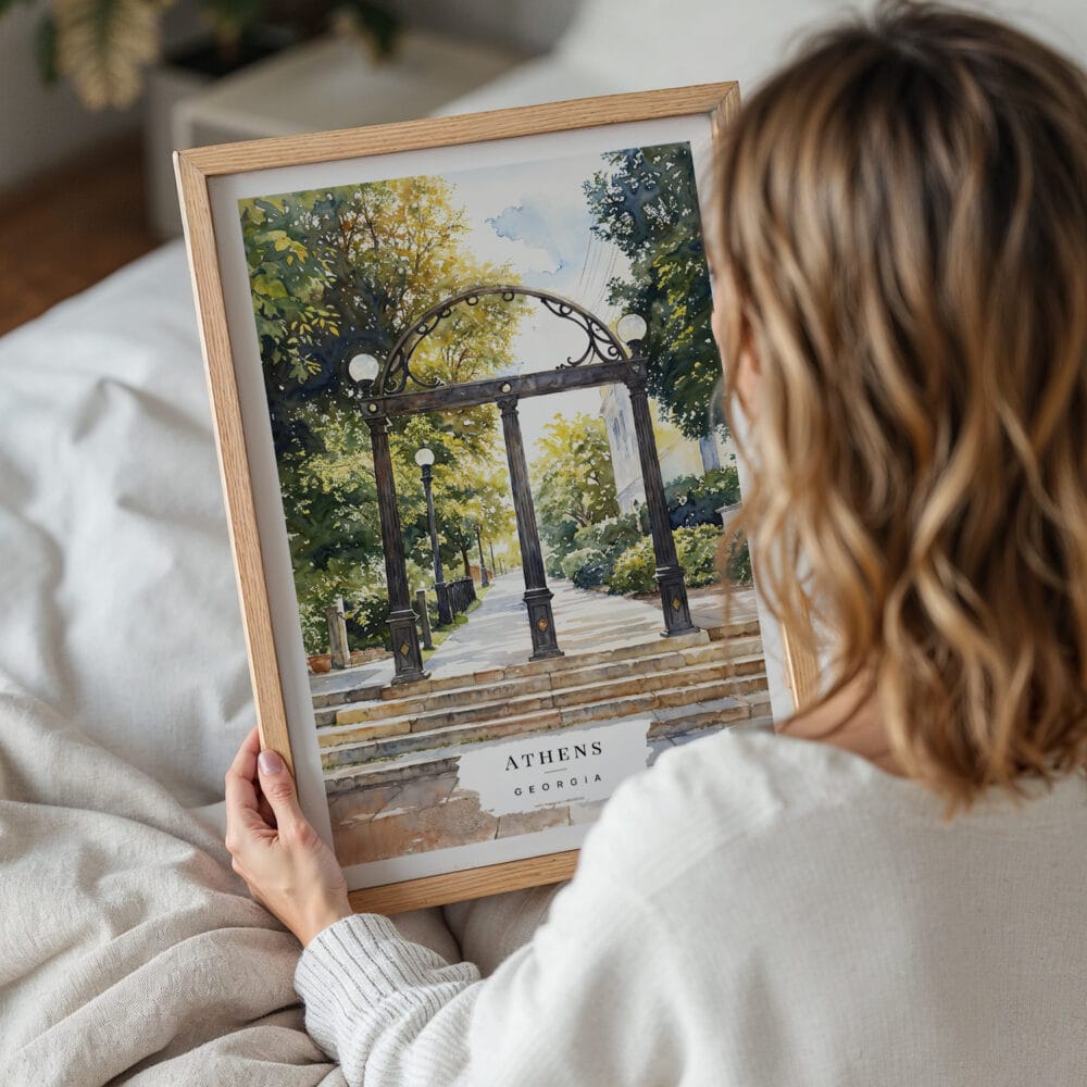 05 - Woman Holding Framed Athens Georgia Arch Watercolor Wall Art - Portrait.jpg 05 - Woman Holding Framed Athens Georgia Arch Watercolor Wall Art - Portrait.jpg