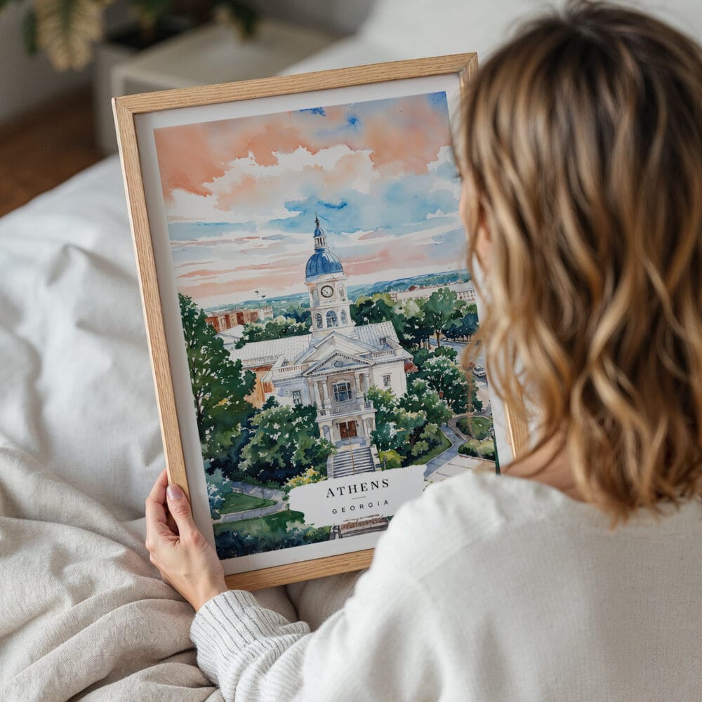 05 - Woman Holding Framed Athens Georgia Watercolor Wall Art - Portrait.jpg 05 - Woman Holding Framed Athens Georgia Watercolor Wall Art - Portrait.jpg