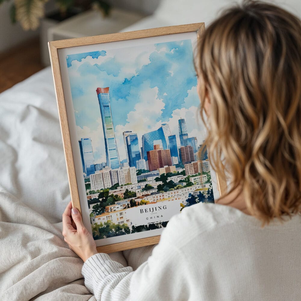 05 - Woman Holding Framed Beijing Skyline Watercolor Wall Art - Portrait.jpg 05 - Woman Holding Framed Beijing Skyline Watercolor Wall Art - Portrait.jpg