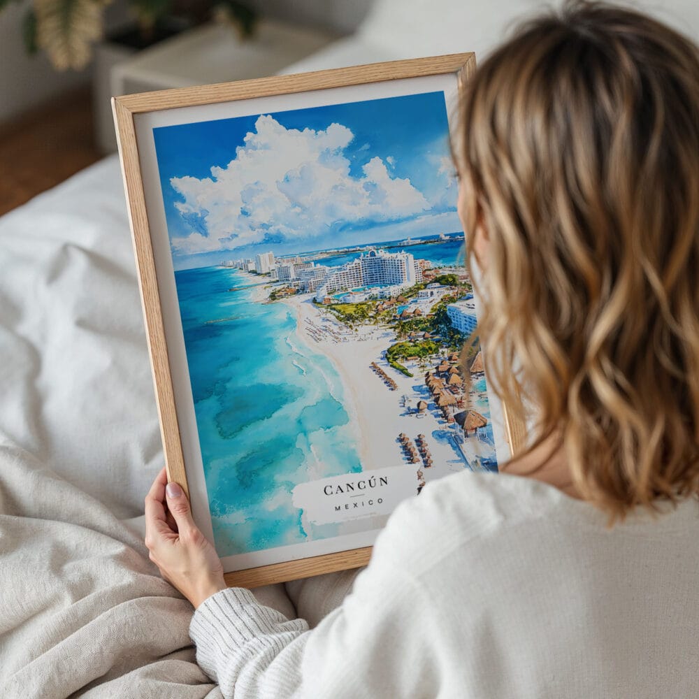 05 - Woman Holding Framed Cancun Mexico Watercolor Wall Art - Portrait.jpg 05 - Woman Holding Framed Cancun Mexico Watercolor Wall Art - Portrait.jpg