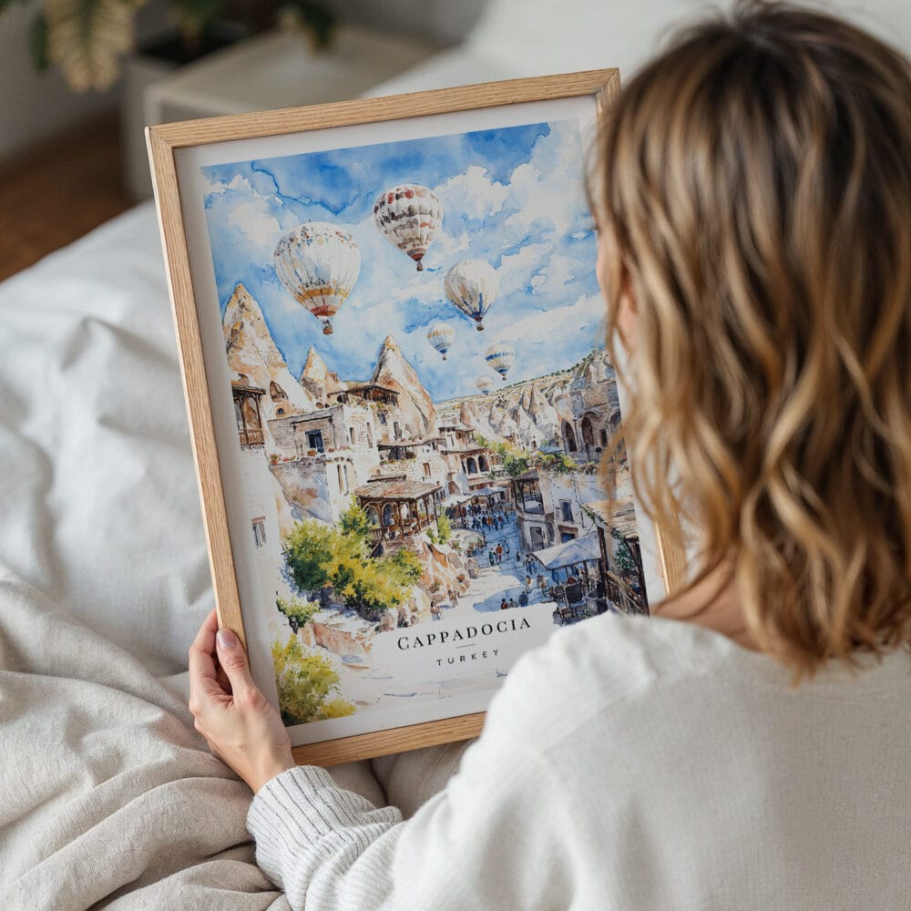 05 - Woman Holding Framed Cappadocia Turkey Watercolor Wall Art - Portrait.jpg 05 - Woman Holding Framed Cappadocia Turkey Watercolor Wall Art - Portrait.jpg