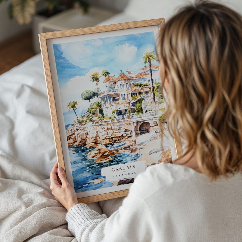 05 - Woman Holding Framed Cascais Portugal Watercolor Wall Art - Portrait.jpg 05 - Woman Holding Framed Cascais Portugal Watercolor Wall Art - Portrait.jpg