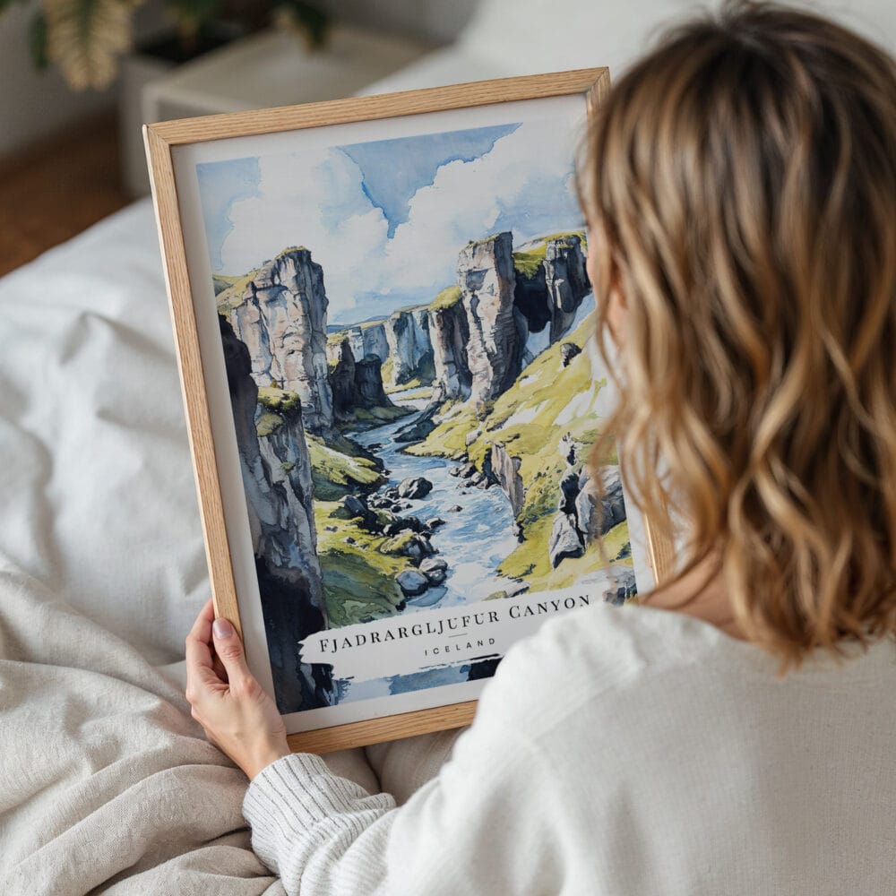 05 - Woman Holding Framed Fjadrargljufur Canyon Watercolor Wall Art - Portrait.jpg 05 - Woman Holding Framed Fjadrargljufur Canyon Watercolor Wall Art - Portrait.jpg