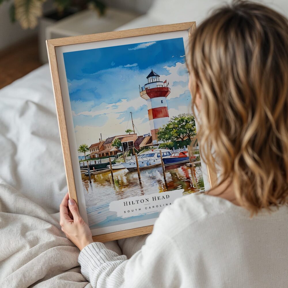 05 - Woman Holding Framed Hilton Head South Carolina Watercolor Wall Art - Portrait.jpg 05 - Woman Holding Framed Hilton Head South Carolina Watercolor Wall Art - Portrait.jpg