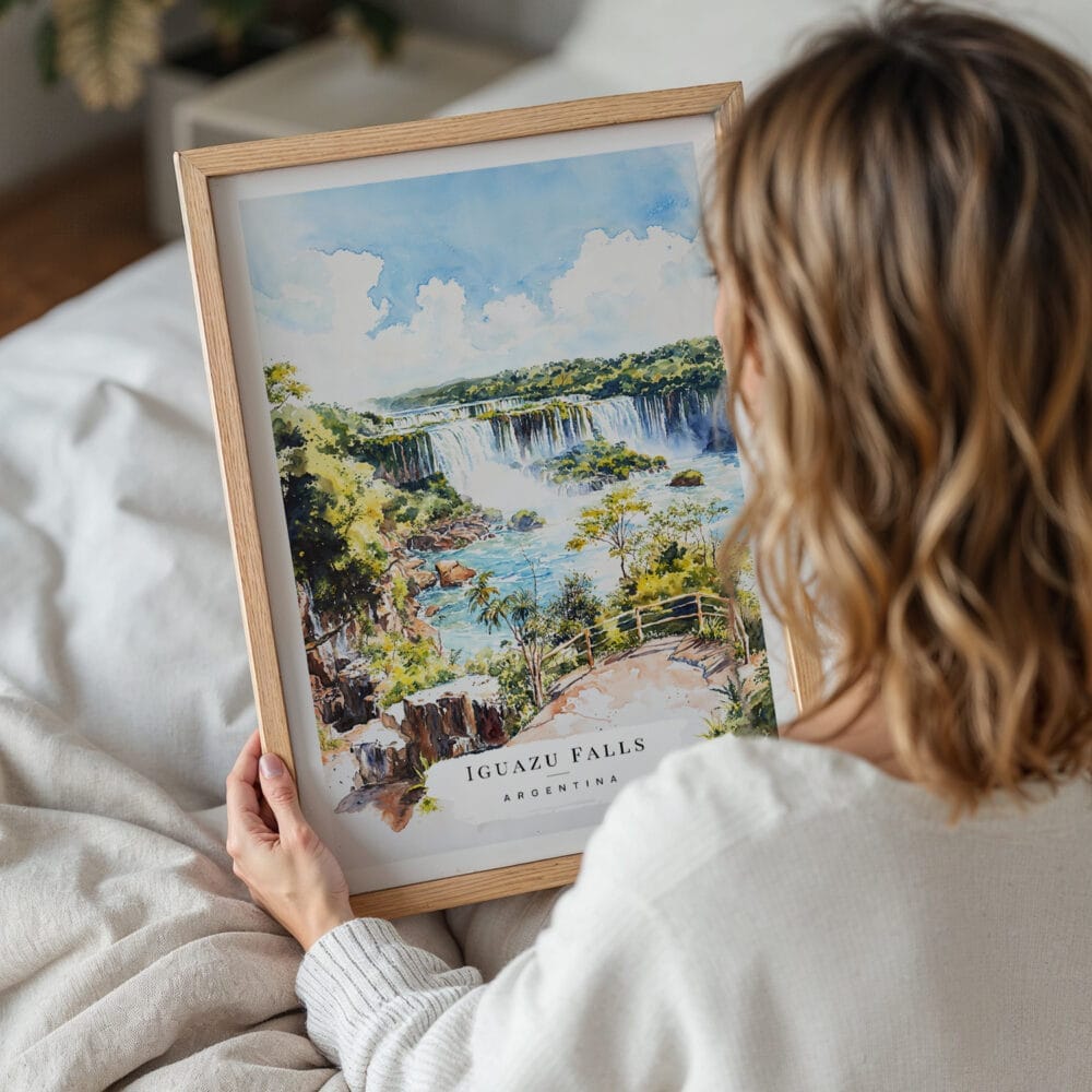 05 - Woman Holding Framed Iguazu Falls Watercolor Wall Art - Portrait.jpg 05 - Woman Holding Framed Iguazu Falls Watercolor Wall Art - Portrait.jpg