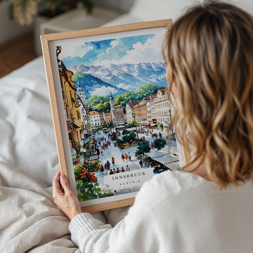05 - Woman Holding Framed Innsbruck Watercolor Wall Art - Portrait.jpg 05 - Woman Holding Framed Innsbruck Watercolor Wall Art - Portrait.jpg