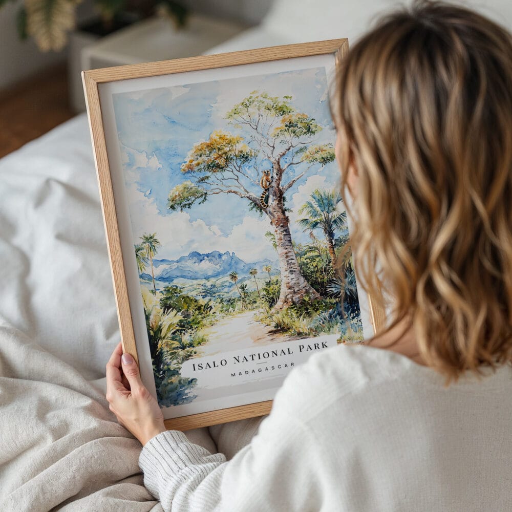 05 - Woman Holding Framed Isalo National Park Watercolor Wall Art - Portrait.jpg 05 - Woman Holding Framed Isalo National Park Watercolor Wall Art - Portrait.jpg