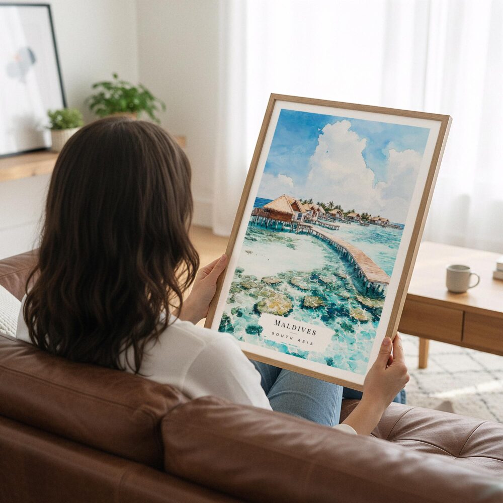 05 - Woman Holding Framed Maldives Watercolor Wall Art - Portrait.jpg 05 - Woman Holding Framed Maldives Watercolor Wall Art - Portrait.jpg