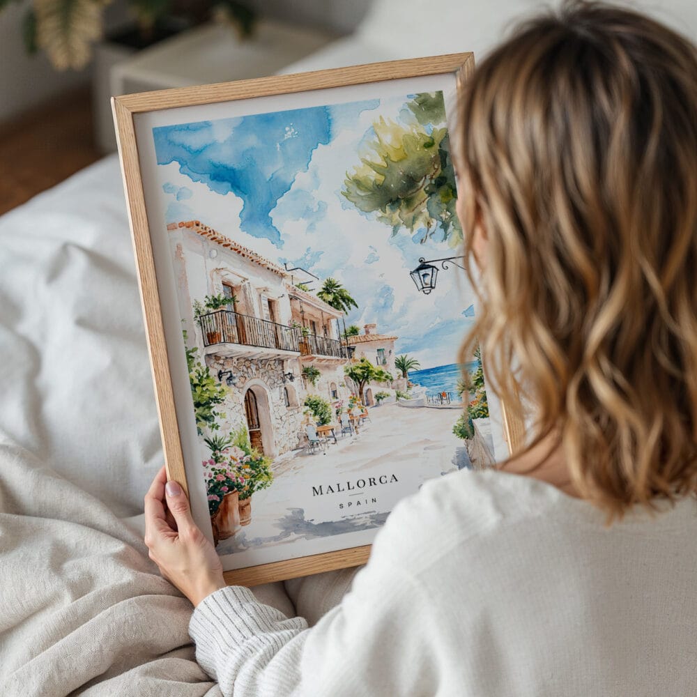 05 - Woman Holding Framed Mallorca Spain Watercolor Wall Art - Portrait.jpg 05 - Woman Holding Framed Mallorca Spain Watercolor Wall Art - Portrait.jpg